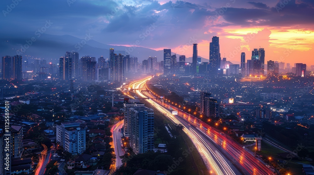 Fototapeta premium Dramatic sunset over a city skyline with highway traffic light trails.