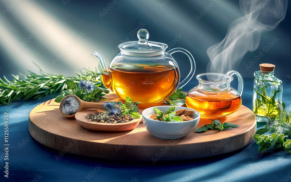 Steaming herbal tea display with fresh herbs and ingredients on wooden board Steaming herbal tea display with fresh herbs and ingredients on wooden board