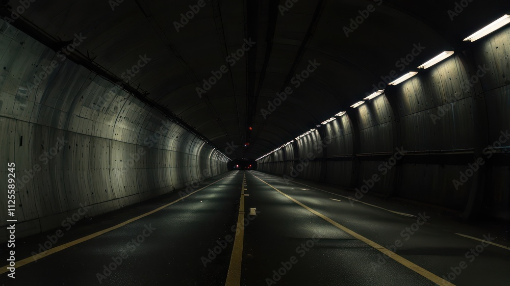 Dark tunnel road with lights and markings. Dark tunnel road with lights and markings.