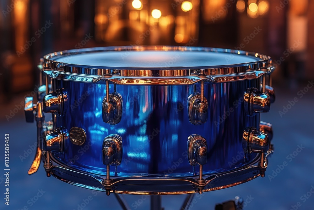 Obraz premium A close-up view of a blue drum standing on its stand, perfect for use in music or entertainment related projects