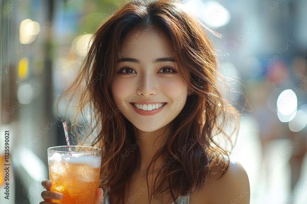 A woman holding a glass of orange juice, perfect for food or lifestyle photography A woman holding a glass of orange juice, perfect for food or lifestyle photography
