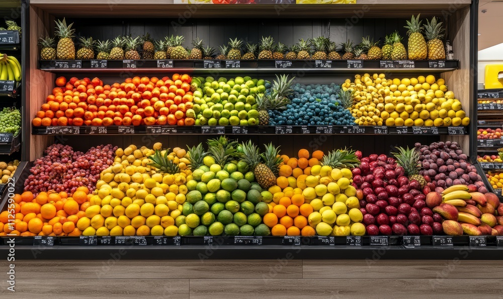 vibrant display of fresh organic fruits in supermarket, colorful assortment of apples, oranges, bananas, grapes, pineapples, lemons, healthy food shopping concept vibrant display of fresh organic fruits in supermarket, colorful assortment of apples, oranges, bananas, grapes, pineapples, lemons, healthy food shopping concept