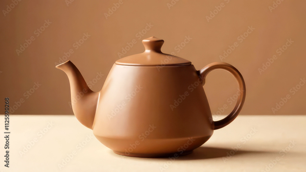 Elegant brown ceramic teapot on minimalist beige background, mocha mousse Elegant brown ceramic teapot on minimalist beige background, mocha mousse