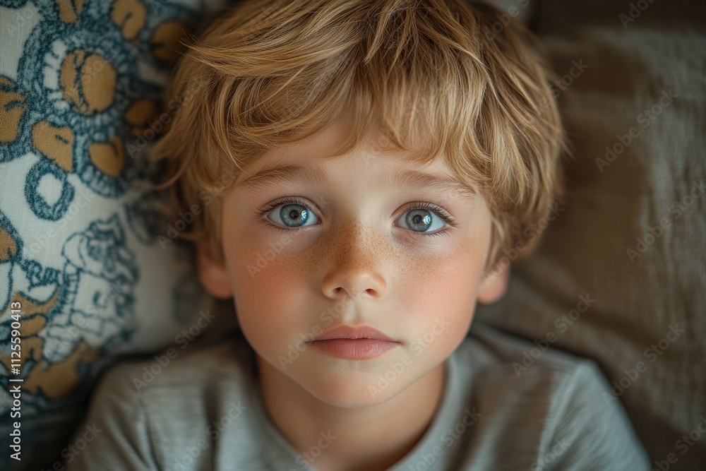 A young boy relaxing on a bed with a pillow, ideal for use in illustrations and storytelling A young boy relaxing on a bed with a pillow, ideal for use in illustrations and storytelling