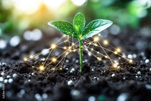 A tiny plant growing out of the ground, surrounded by dirt and debris photo