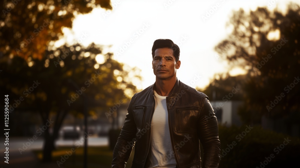 Man wearing a leather jacket and white shirt Man wearing a leather jacket and white shirt