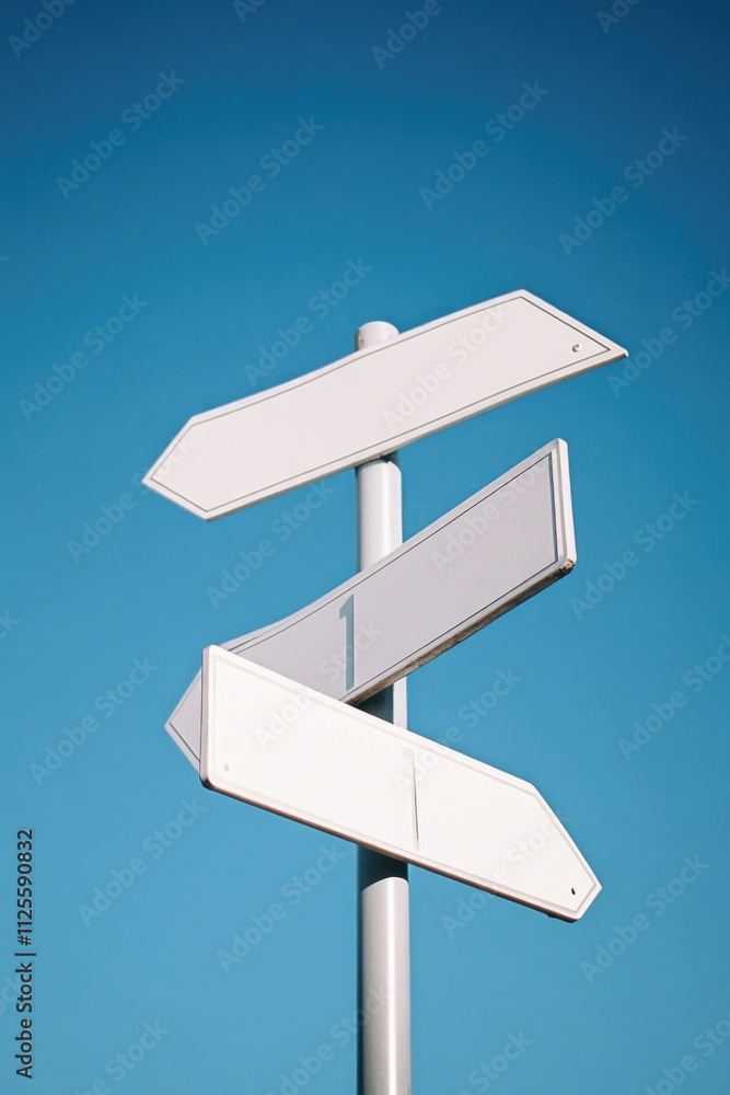 A simple street sign with three white arrows pointing in different directions A simple street sign with three white arrows pointing in different directions