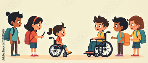 A group of multicultural children are talking to each other. The children welcome a new girl in a wheelchair and meet new friends. Concept of inclusive education at school. Vector illustration