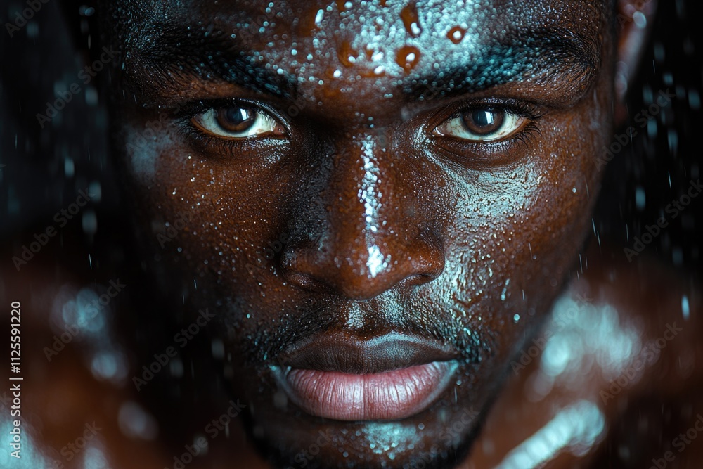A close-up shot of a person's face with rain falling on it, great for use in scenes where someone is getting wet or has a melancholic mood A close-up shot of a person's face with rain falling on it, great for use in scenes where someone is getting wet or has a melancholic mood