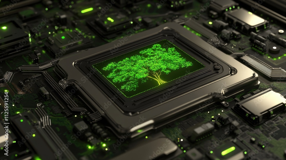Fototapeta premium Green Tree Growing on Circuit Board in Digital Technology Concept
