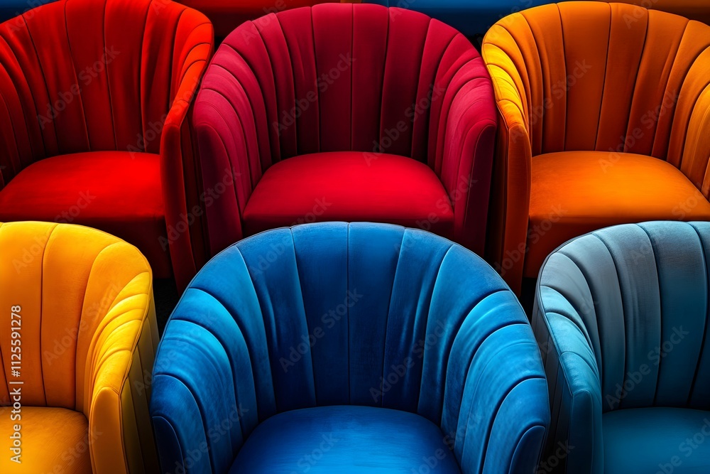 Obraz premium Trendy colors background of stylish velvet chairs in bright colors blue, red, orange. Comfortable armchairs