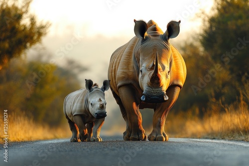 A mother rhino and her baby walking together on a road, a heartwarming moment of family bonding