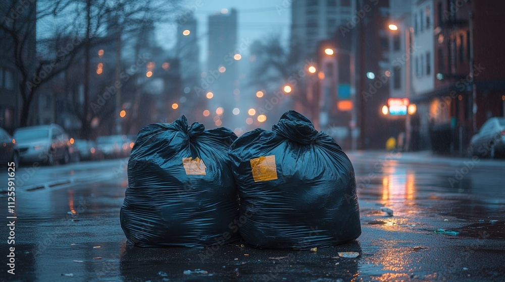 Obraz premium Two waste bags sitting next to a road, perfect for depicting litter or urban issues