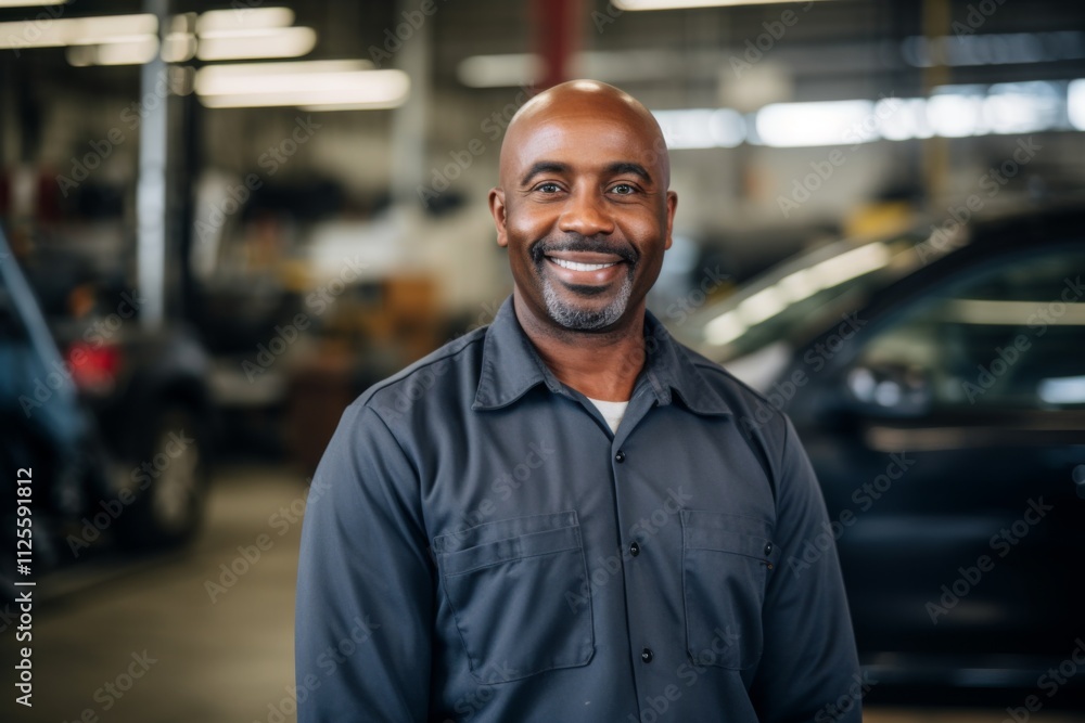 Portrait of a middle aged African American car mechanic in workshop Portrait of a middle aged African American car mechanic in workshop