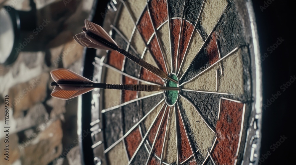 A detailed view of a dart lodged in the center of a target, suitable for use in promotional materials or educational settings A detailed view of a dart lodged in the center of a target, suitable for use in promotional materials or educational settings