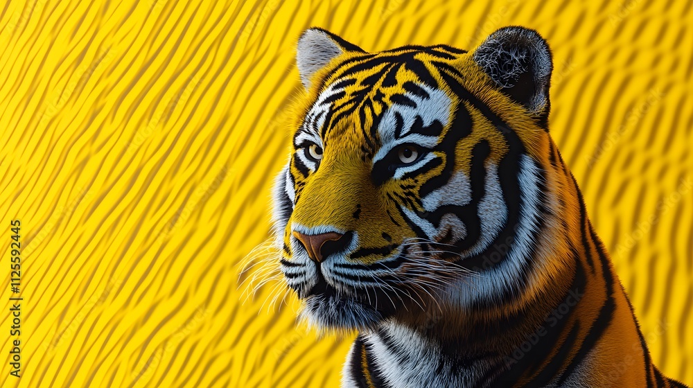 Obraz premium Tiger face with intricate detail and bold yellow background, showcasing artistic portrayal of wildlife in high resolution design