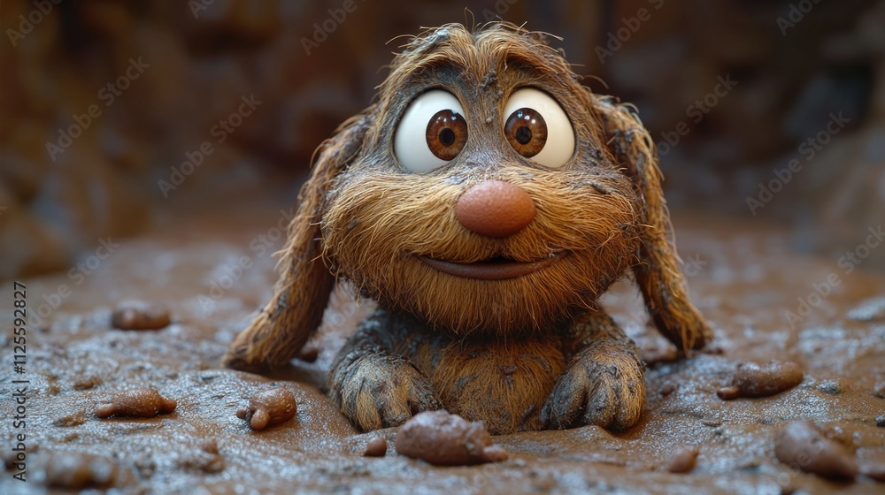 Obraz premium A close-up shot of a toy dog sitting on a dirt ground, suitable for use in children's illustrations or as a prop for storytelling