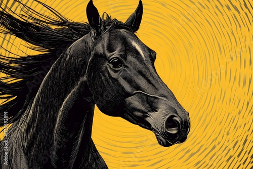 Horse head with flowing black mane against a yellow swirl background, emphasizing dynamic movement in an artistic design photo