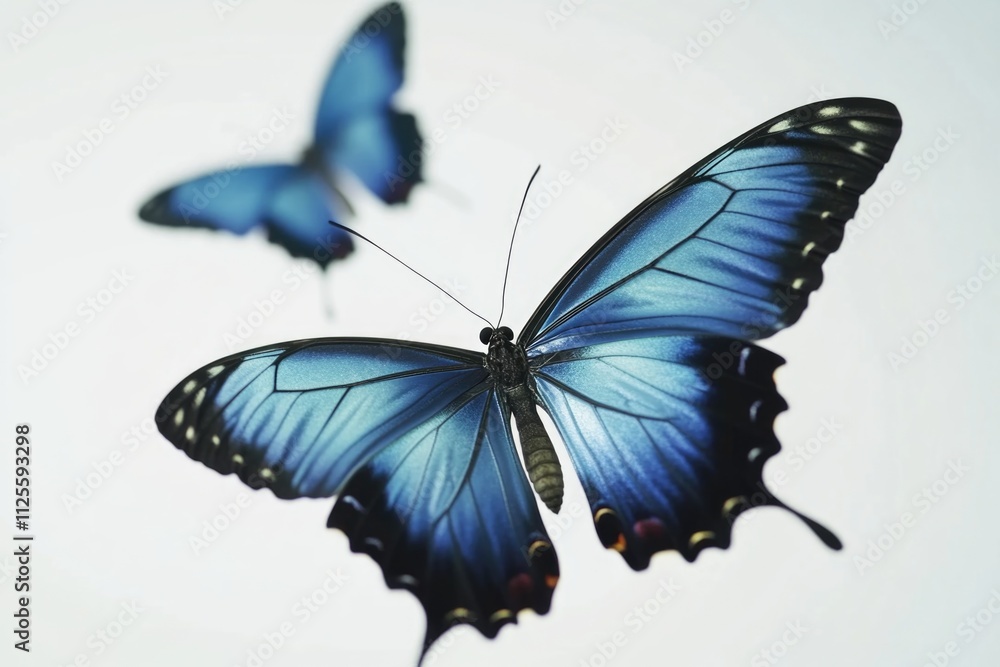 Two blue butterflies flying together in the air, against a blurred background Two blue butterflies flying together in the air, against a blurred background