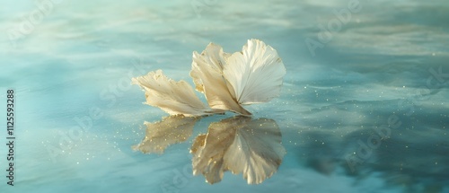 Delicate white petals floating on a serene, reflective surface, creating a tranquil atmosphere.