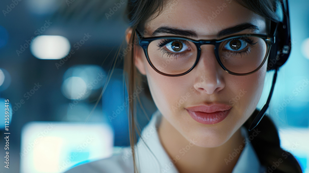 A cheerful female support agent assists clients with her headset on, delivering exceptional service from her call center desk. A cheerful female support agent assists clients with her headset on, delivering exceptional service from her call center desk.