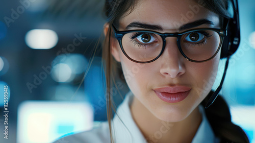 A cheerful female support agent assists clients with her headset on, delivering exceptional service from her call center desk. photo