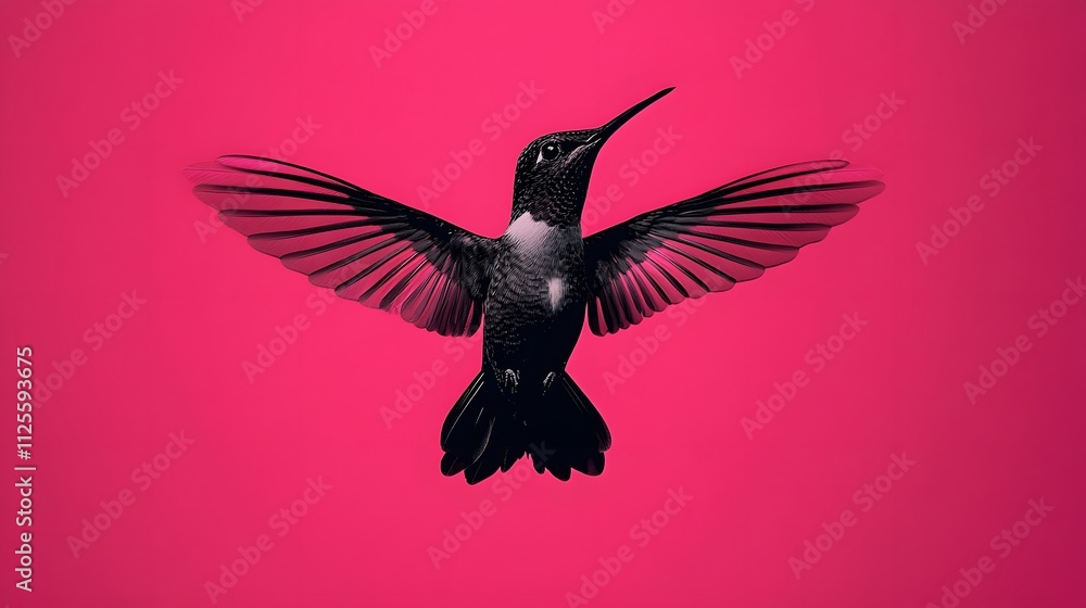 Obraz premium Hummingbird in flight with delicate wings spread wide against a vivid pink backdrop