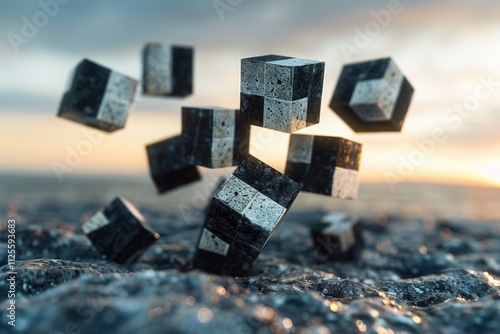 A group of black and white cubes suspended in mid-air, creating an abstract and surreal scene photo