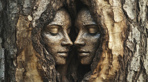 Two wooden faces emerging from tree trunk embracing each other