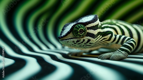 Vibrant chameleon featuring black and white stripe design on its skin resting on a green abstract pattern with wavy stripe photo