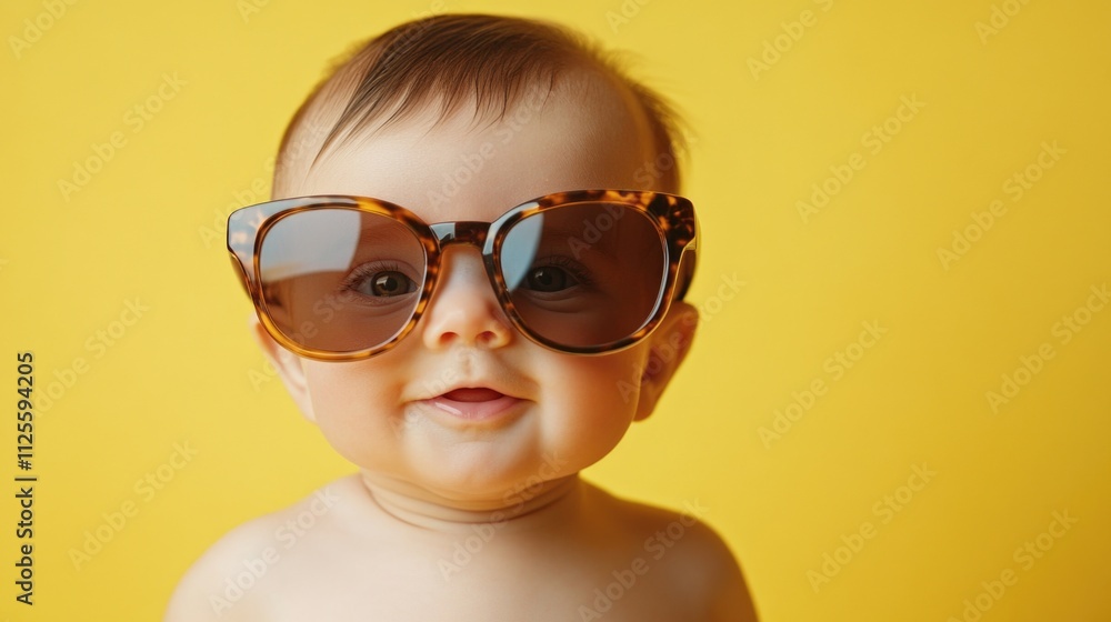 A cute baby wearing sunglasses on a bright yellow background A cute baby wearing sunglasses on a bright yellow background