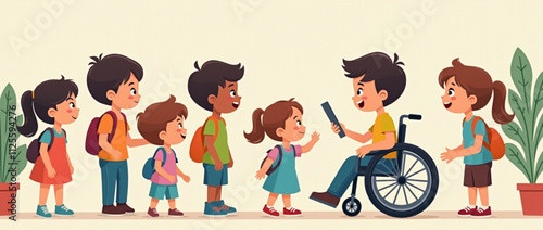 A group of multicultural children are talking to each other. The children welcome a new girl in a wheelchair and meet new friends. Concept of inclusive education at school. Vector illustration