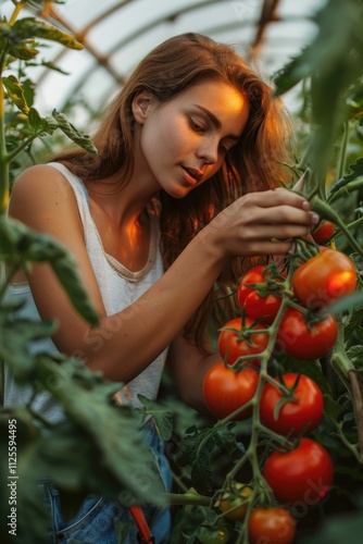 A woman picking tomatoes from a plant in a greenhouse, a great image for gardening or farming related projects photo