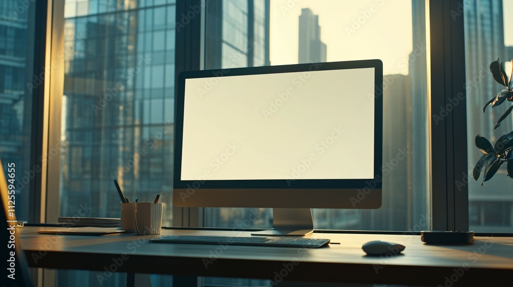 Modern Desktop Computer Near Window City View Modern Desktop Computer Near Window City View