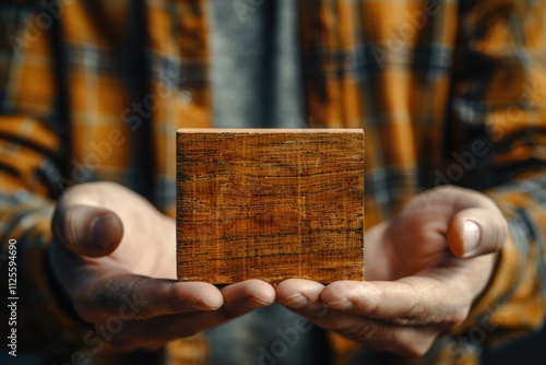 A person holding a wooden block, ideal for illustrations and designs photo