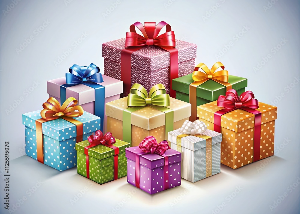 A beautifully arranged set of realistic gift boxes showcased from top and side views on a white background, ideal for holiday decor and festive occasions. A beautifully arranged set of realistic gift boxes showcased from top and side views on a white background, ideal for holiday decor and festive occasions.