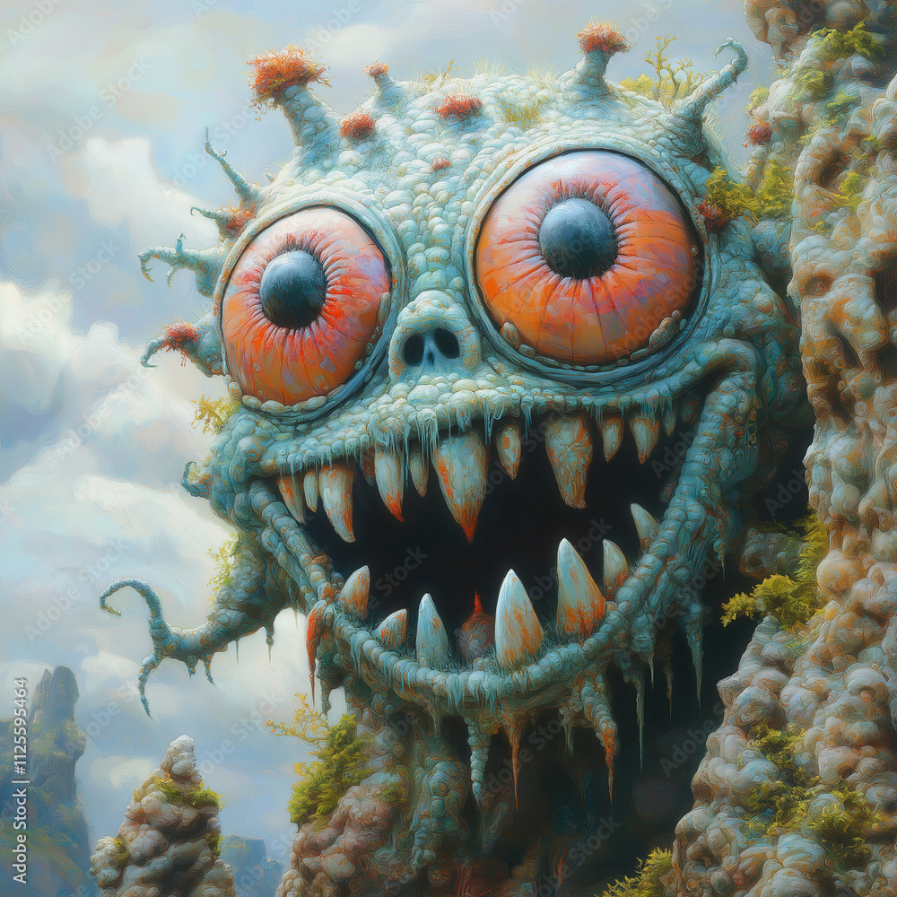 A vibrant cartoon monster character featuring a wide grin and bulging eyes in a quirky design. A vibrant cartoon monster character featuring a wide grin and bulging eyes in a quirky design.