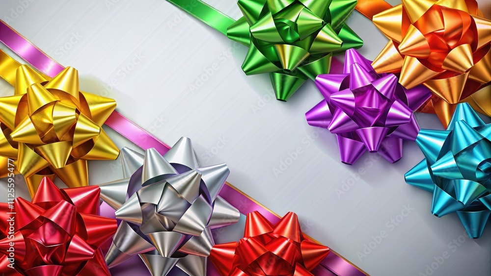 A beautiful set of realistic satin gift ribbons and bows for holiday gifts, perfect for Christmas present wrapping and enhancing decorative package accessories. A beautiful set of realistic satin gift ribbons and bows for holiday gifts, perfect for Christmas present wrapping and enhancing decorative package accessories.