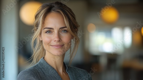 A beautiful woman with long blonde hair and bright blue eyes, looking directly at the camera