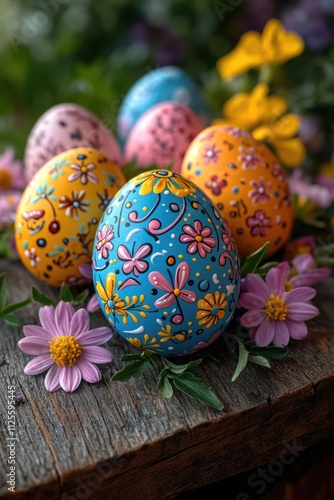 Decorative eggs on a wooden table, suitable for Easter or spring themed photoshoots photo