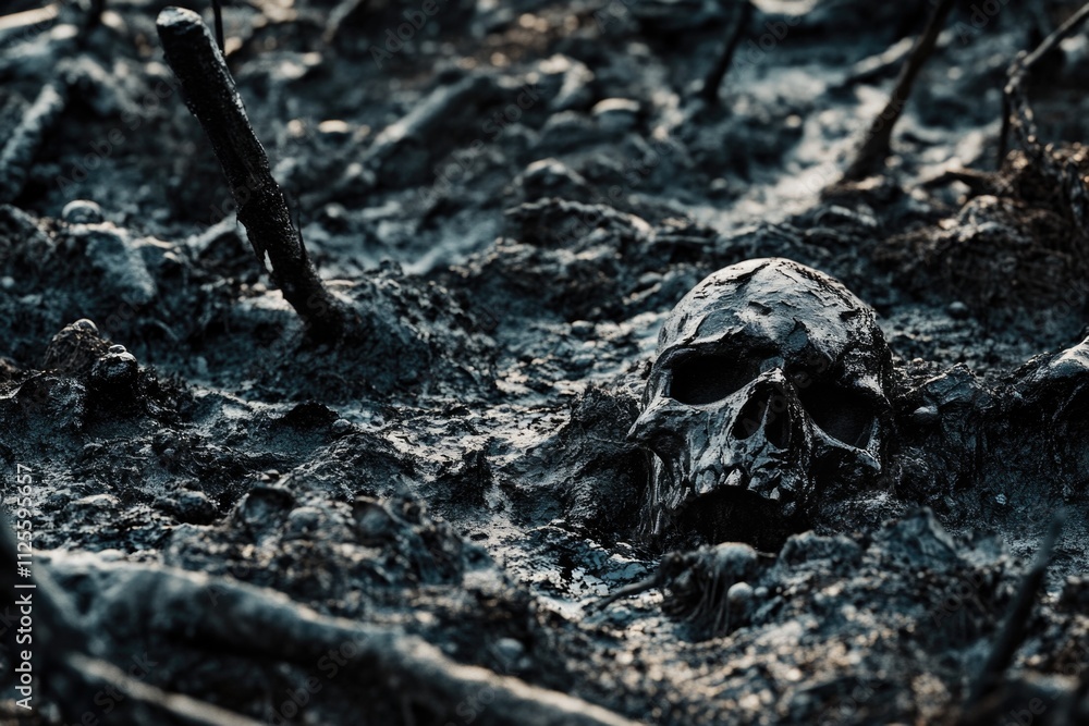 A skull sits alone in a dense forest A skull sits alone in a dense forest