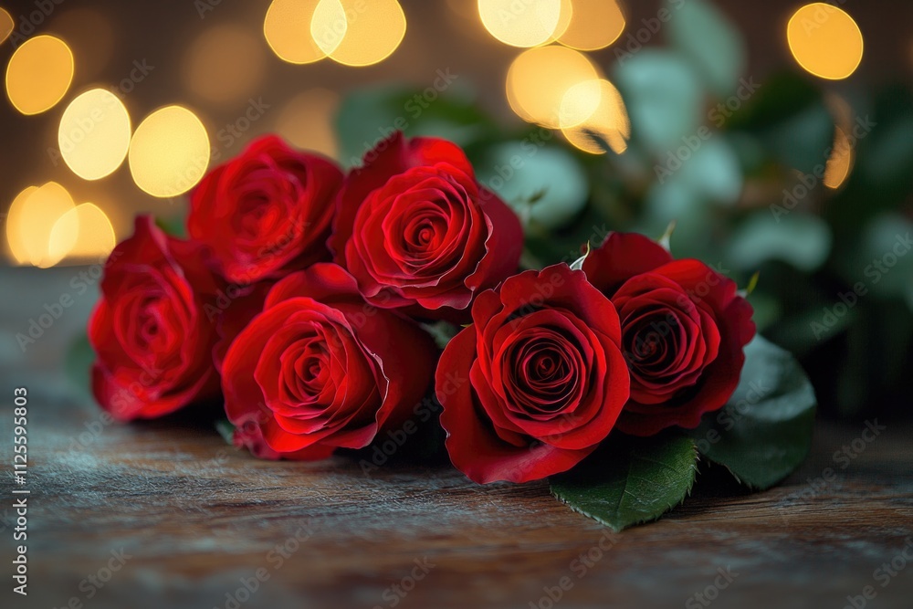 A collection of red roses sits atop a wooden table, perfect for still life photography or as a decorative element in editorial designs A collection of red roses sits atop a wooden table, perfect for still life photography or as a decorative element in editorial designs