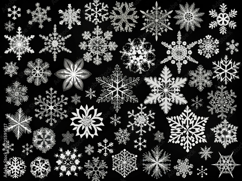 A breathtaking array of 100 unique snowflake designs against a sleek black backdrop, perfect for winter-themed graphics and creative projects. Capture winter's beauty today! A breathtaking array of 100 unique snowflake designs against a sleek black backdrop, perfect for winter-themed graphics and creative projects. Capture winter's beauty today!