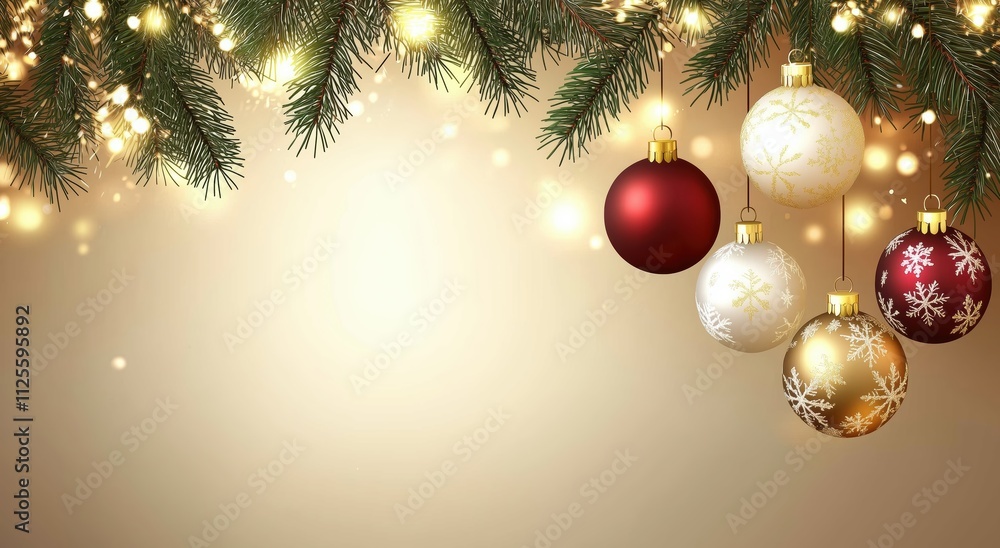 Christmas ornaments hanging from a frosted branch with glowing lights in the background. Christmas ornaments hanging from a frosted branch with glowing lights in the background.