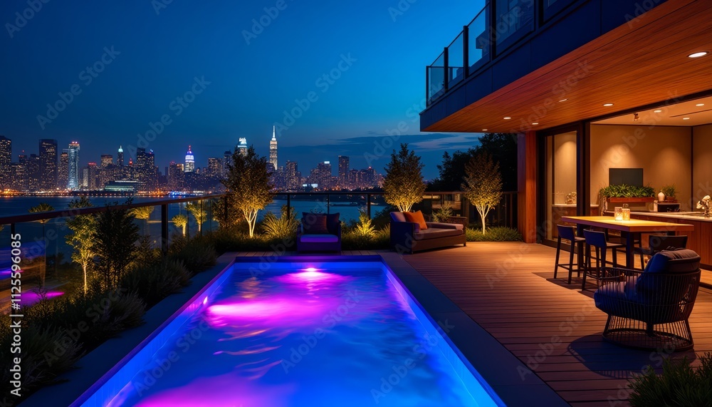 Obraz premium Luxurious rooftop terrace with a glowing pool and breathtaking city skyline views illuminated under an evening sky.