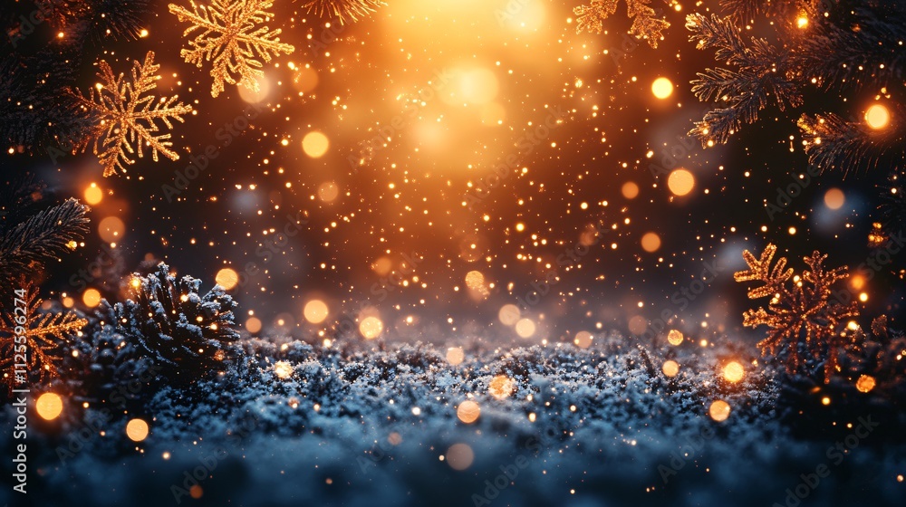 Naklejka premium Golden glowing Christmas frame background with flakes