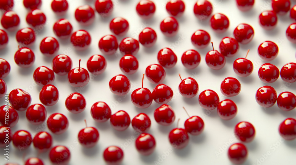 Vibrant red cherries scattered on white background Vibrant red cherries scattered on white background