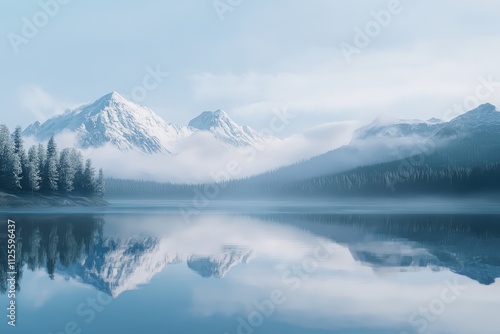 A tranquil mountain lake with clear reflections of snowy peaks and surrounding pine forests under a soft misty sky. Ideal for nature themes. AI generated.