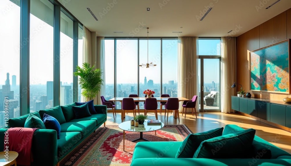 Modern and luxurious living room with panoramic city views through large windows, featuring vibrant colors and elegant decor. Modern and luxurious living room with panoramic city views through large windows, featuring vibrant colors and elegant decor.