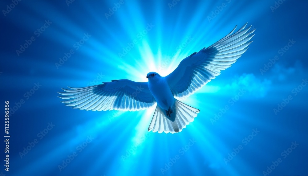Fototapeta premium A white dove soars against a radiant blue background, symbolizing peace and freedom.